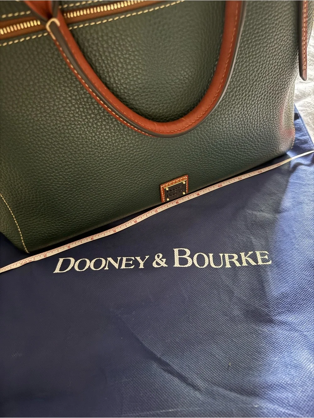 Dooney & Bourke Dark Green Pebbled Leather Satchel with Brown Trim